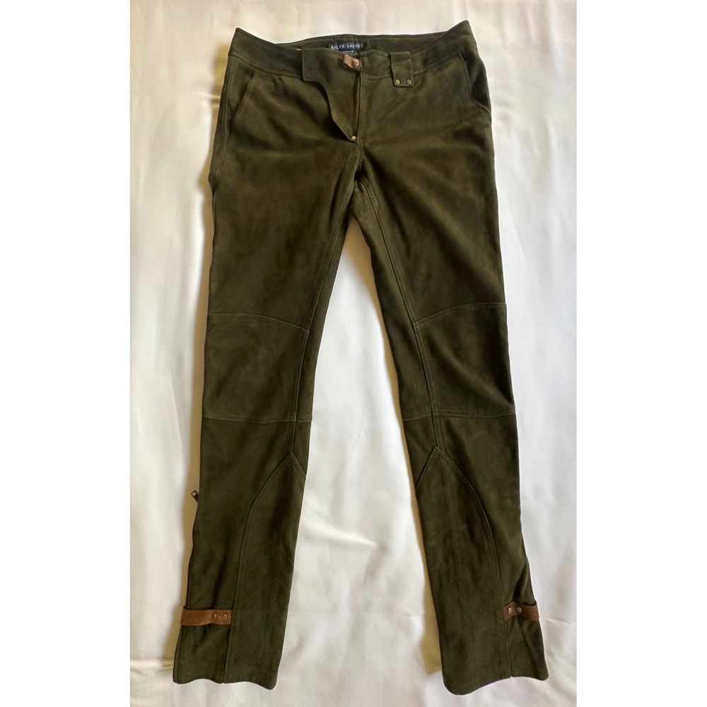VTG Ralph Lauren Olive Green Suede Leather Moto Equestrian Pants Womens 6 READ